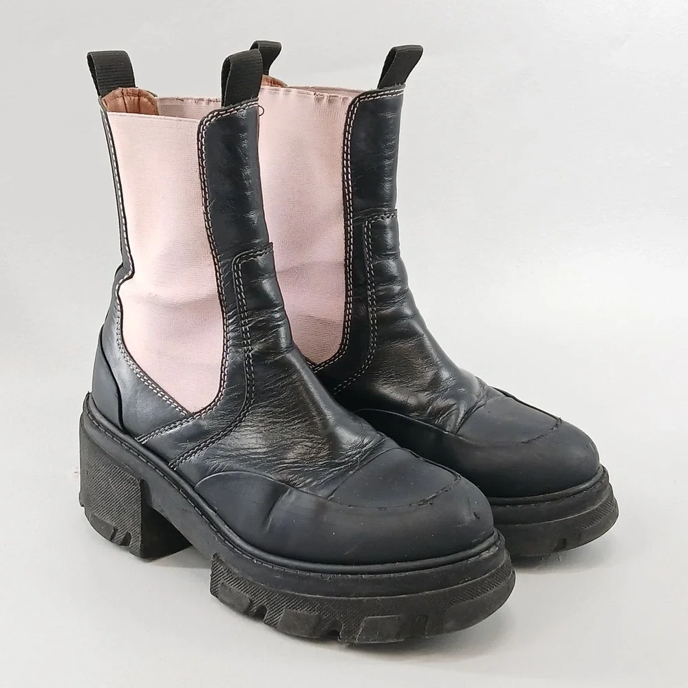 Ganni Chunky Chelsea Boots Womens 37 Black Pink Leather Platform Lug Sole